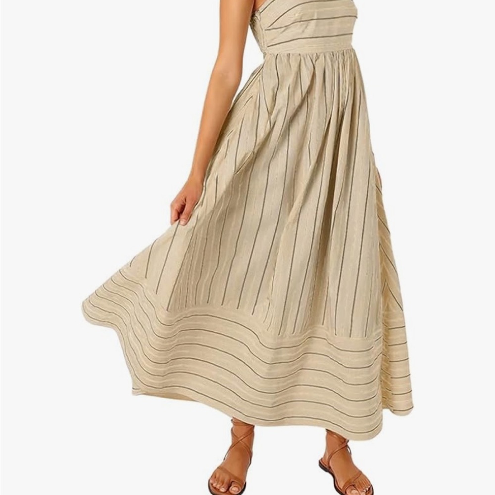 Cream Tan Pleated striped midi dress